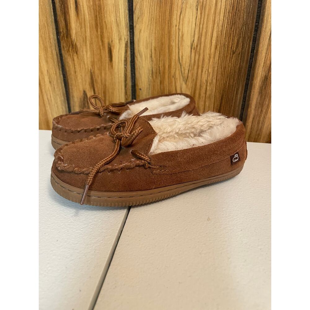 Lamo size 11 faux fur fuzzy slippers suede tan chestnut tie kids - Picture 4 of 7